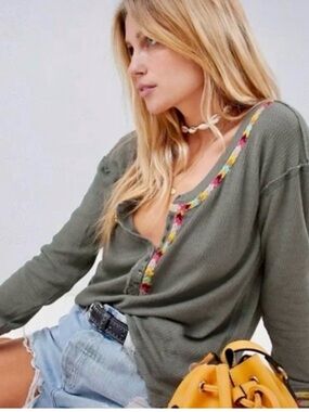 We The Free Free People Rainbow Thermal Henley Long Sleeve Shirt Size M